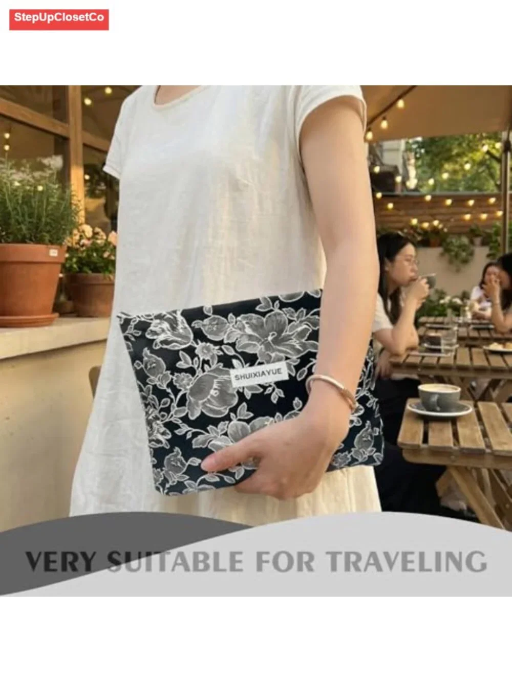 Large Canvas Cosmetic Bag with Zipper - Floral Embroidery Travel Toiletry Pouch